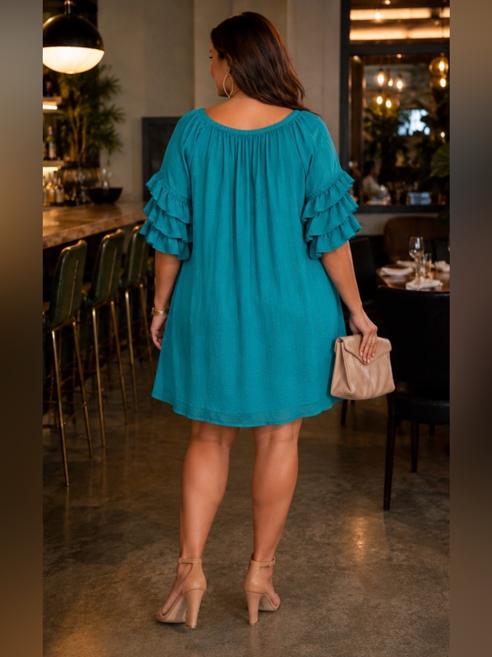 Flowy Teal Mini Dress with Ruffle Sleeves - Picture 3 of 13